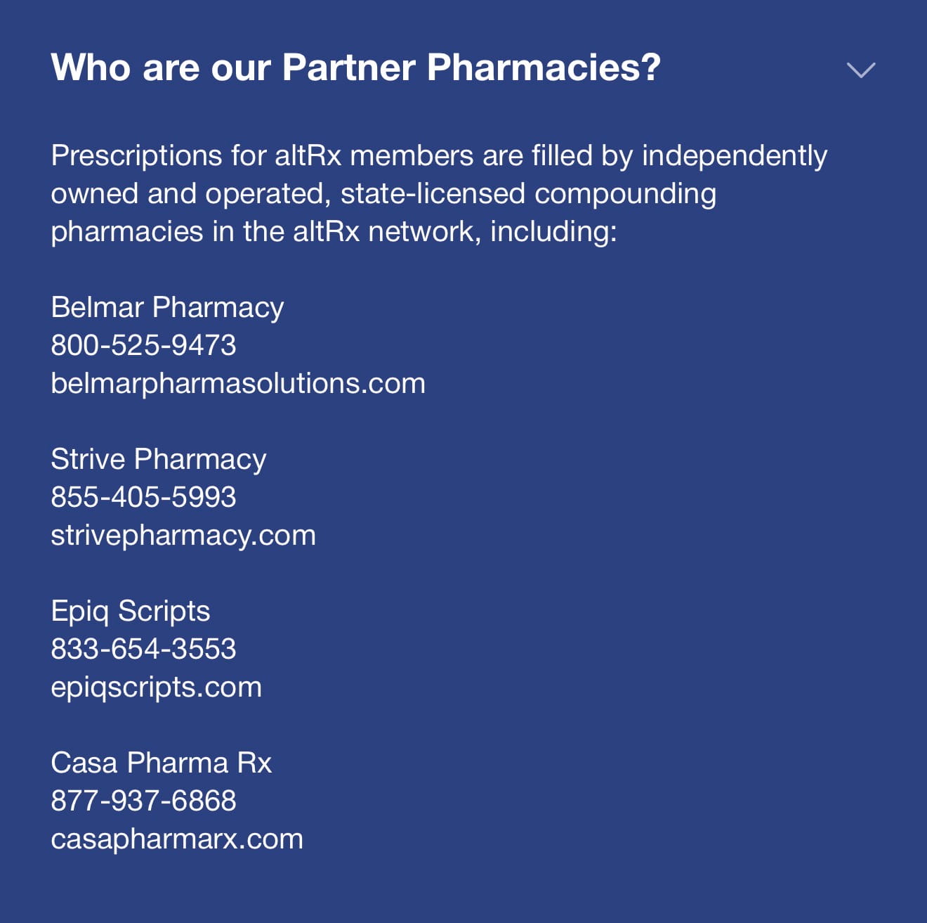 List of partner compounding pharmacies shown inside the AltRx mobile app, which was not disclosed during signup