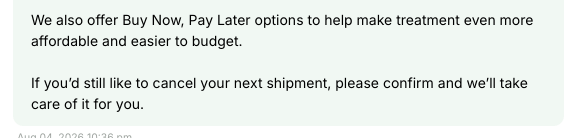 AltRx support offering a buy now pay later option and restating pricing before processing the cancelation 