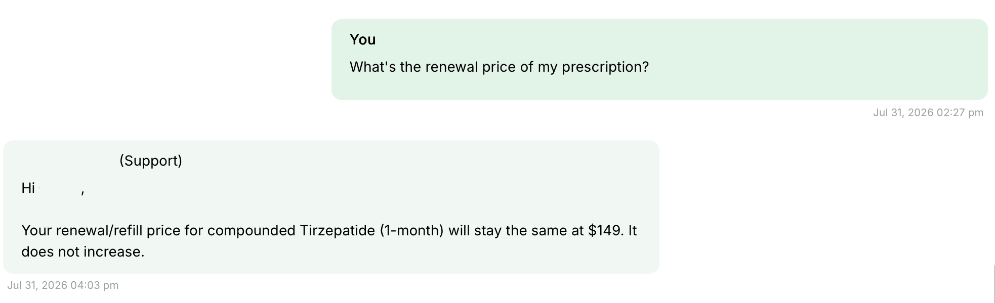 AltRx in-app support chat showing a reply from a human.