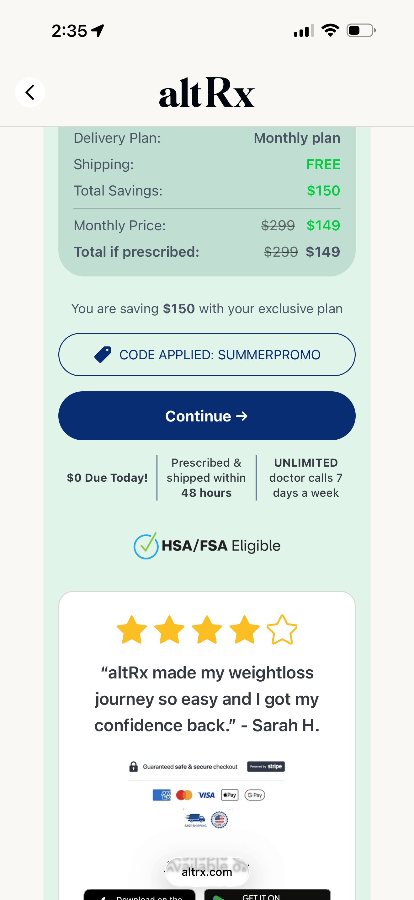 AltRx checkout screen showing the $149 first-month price for compounded tirzepatide with the SUMMERPROMO code applied [CONFIRM]
