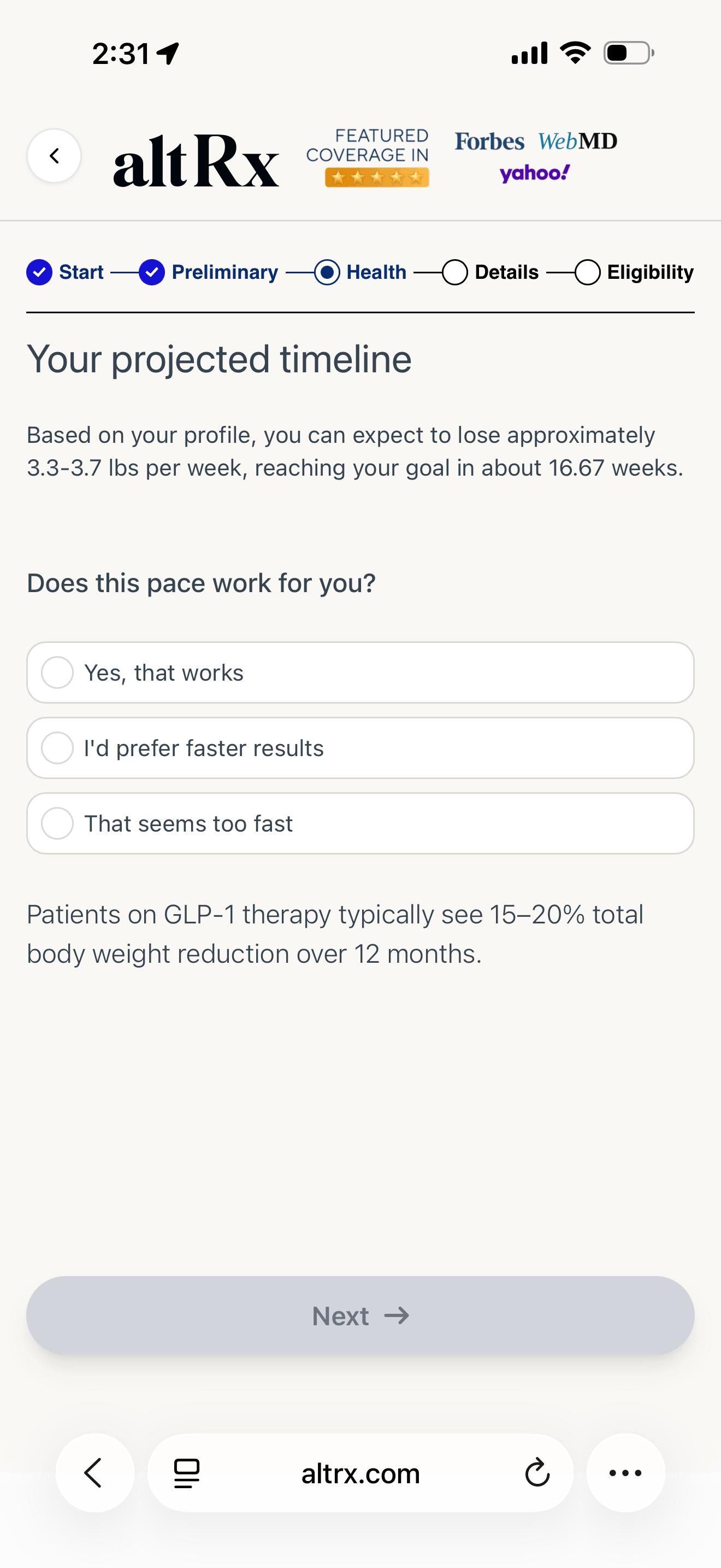 AltRx intake screen projecting 3.3 to 3.7 pounds of weight loss per week and a 16.67-week timeline to goal weight 