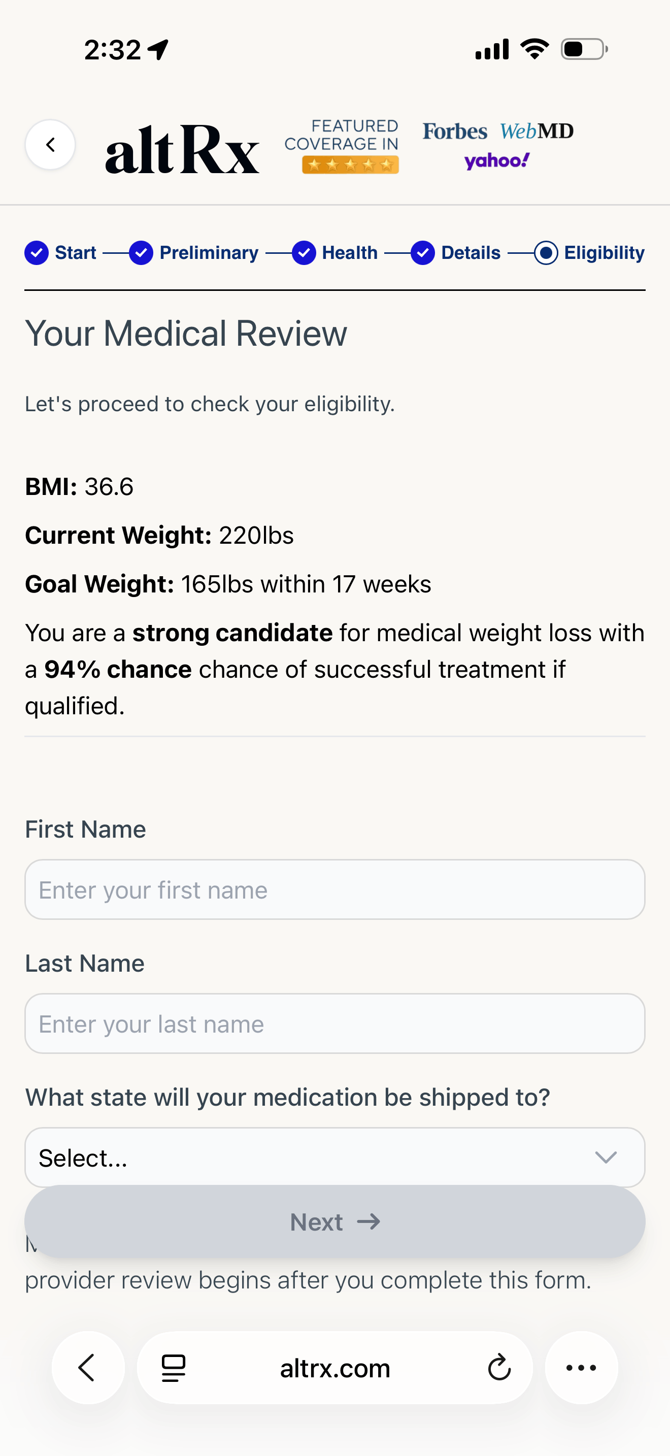 AltRx medical review screen calculating a 36.6 BMI and labeling the patient a strong candidate with a 94% success chance 