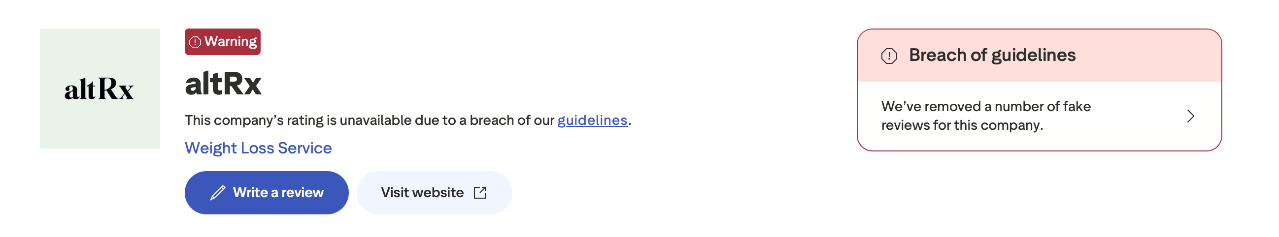 Trustpilot notice on the AltRx profile about fake reviews that were detected and removed