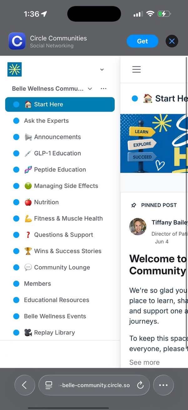 Belle Wellness Community on the Circle platform with channels for GLP-1 education, side effects, nutrition, fitness, and replays
