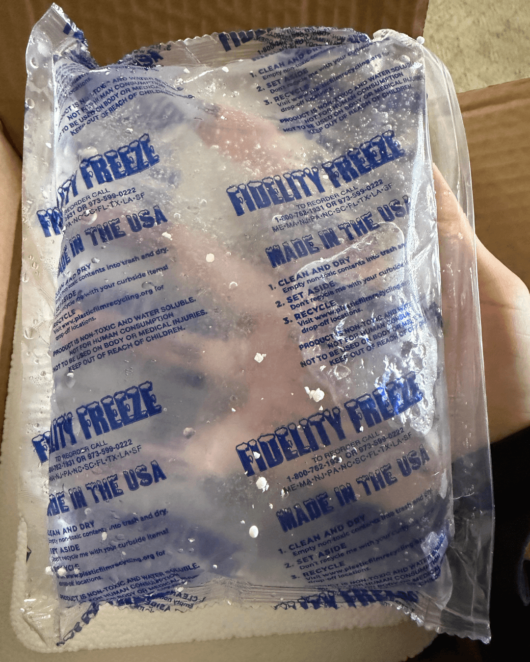 Fidelity Freeze gel pack from a Belle compounded tirzepatide shipment, thawed and soft on arrival after four days in transit