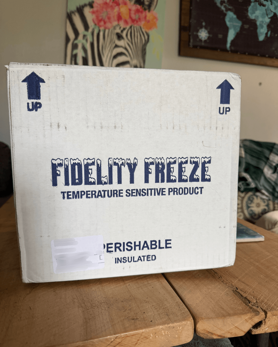 White Fidelity Freeze insulated shipping box marked perishable and temperature sensitive, Belle tirzepatide delivery via UPS