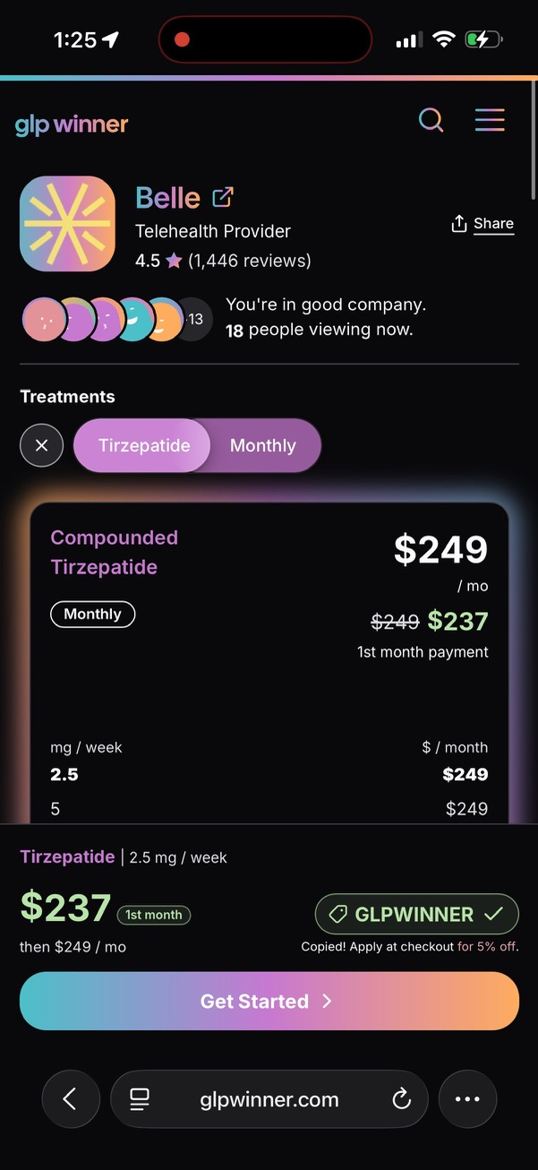 Belle telehealth listing on GLP Winner showing compounded tirzepatide at $249 a month, 4.5 stars, and the GLPWINNER 5% code