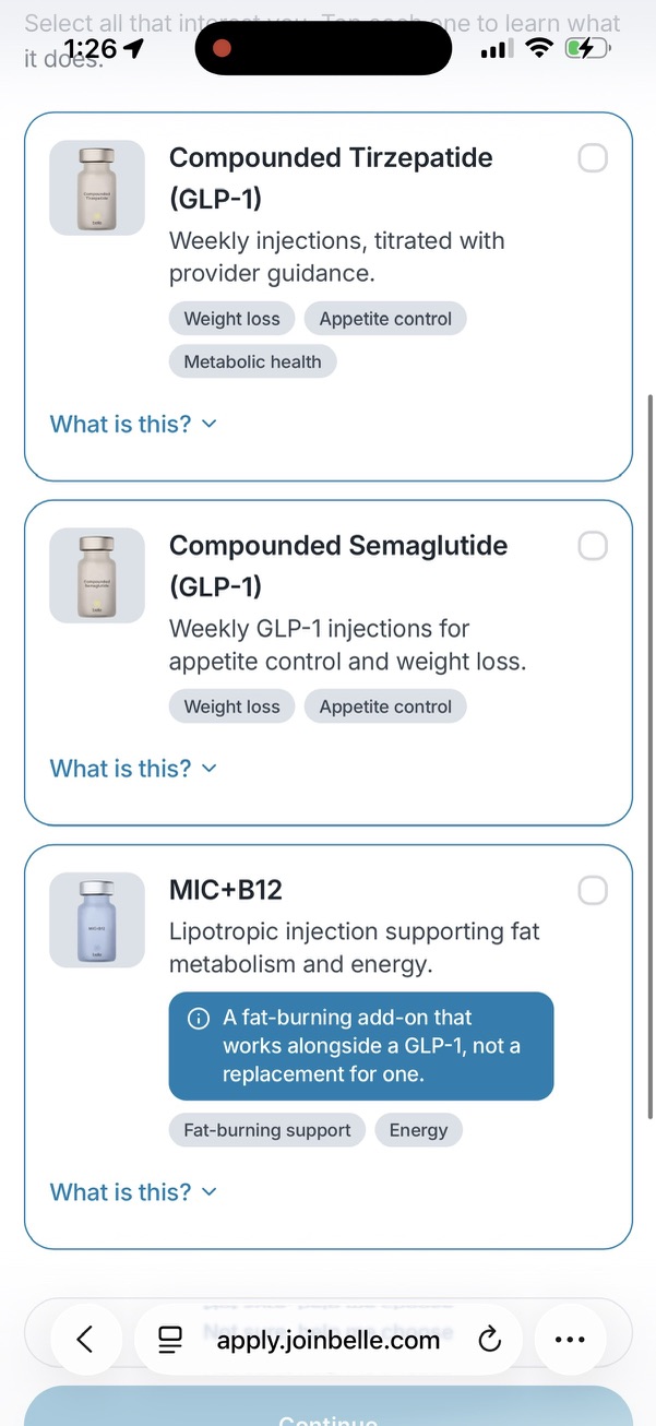 Belle intake screen listing Compounded Tirzepatide, Compounded Semaglutide, and MIC+B12 as a fat-burning add-on