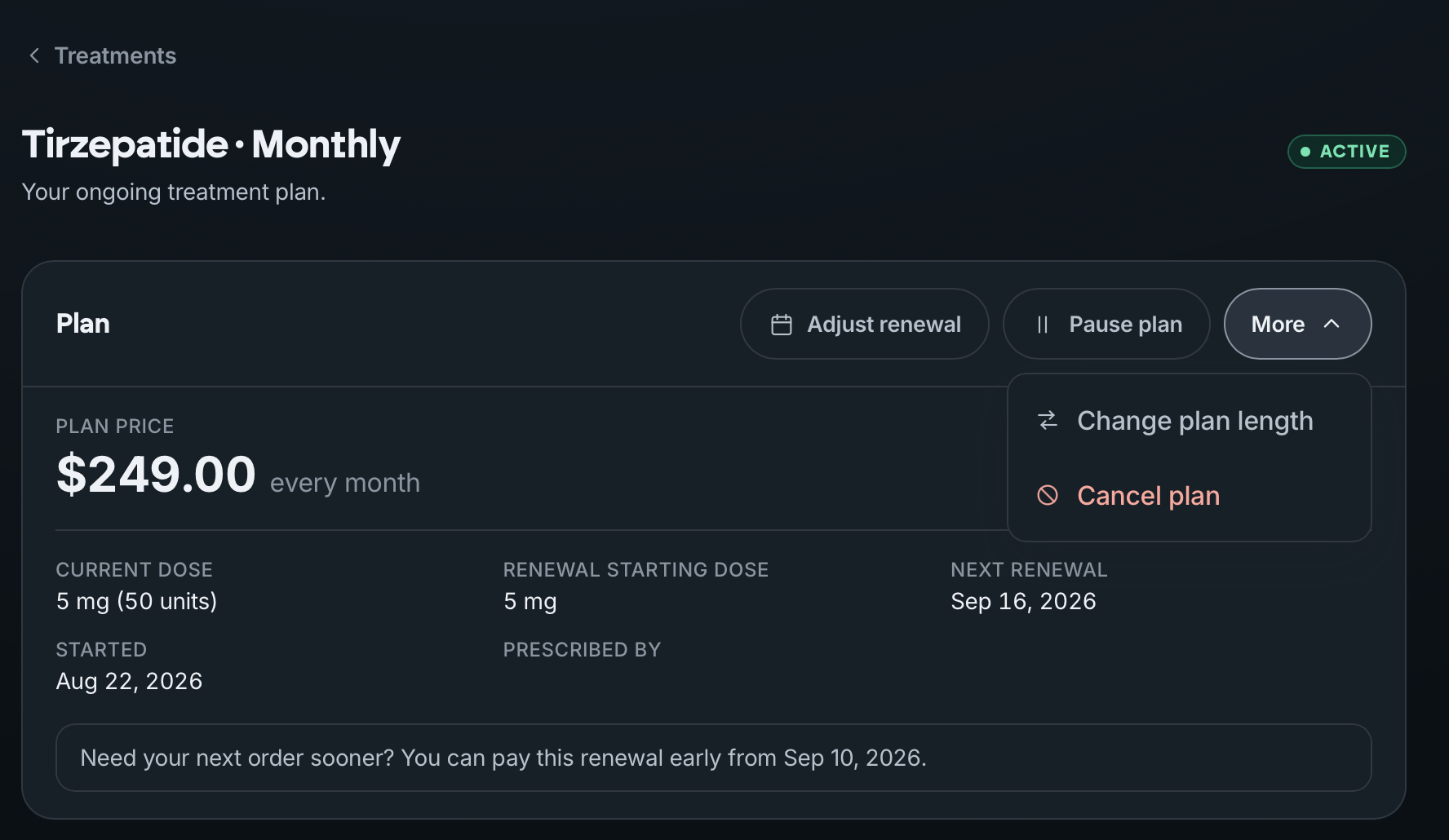 Belle portal Treatments page with $249 monthly plan and the More menu open showing Change plan length and Cancel plan