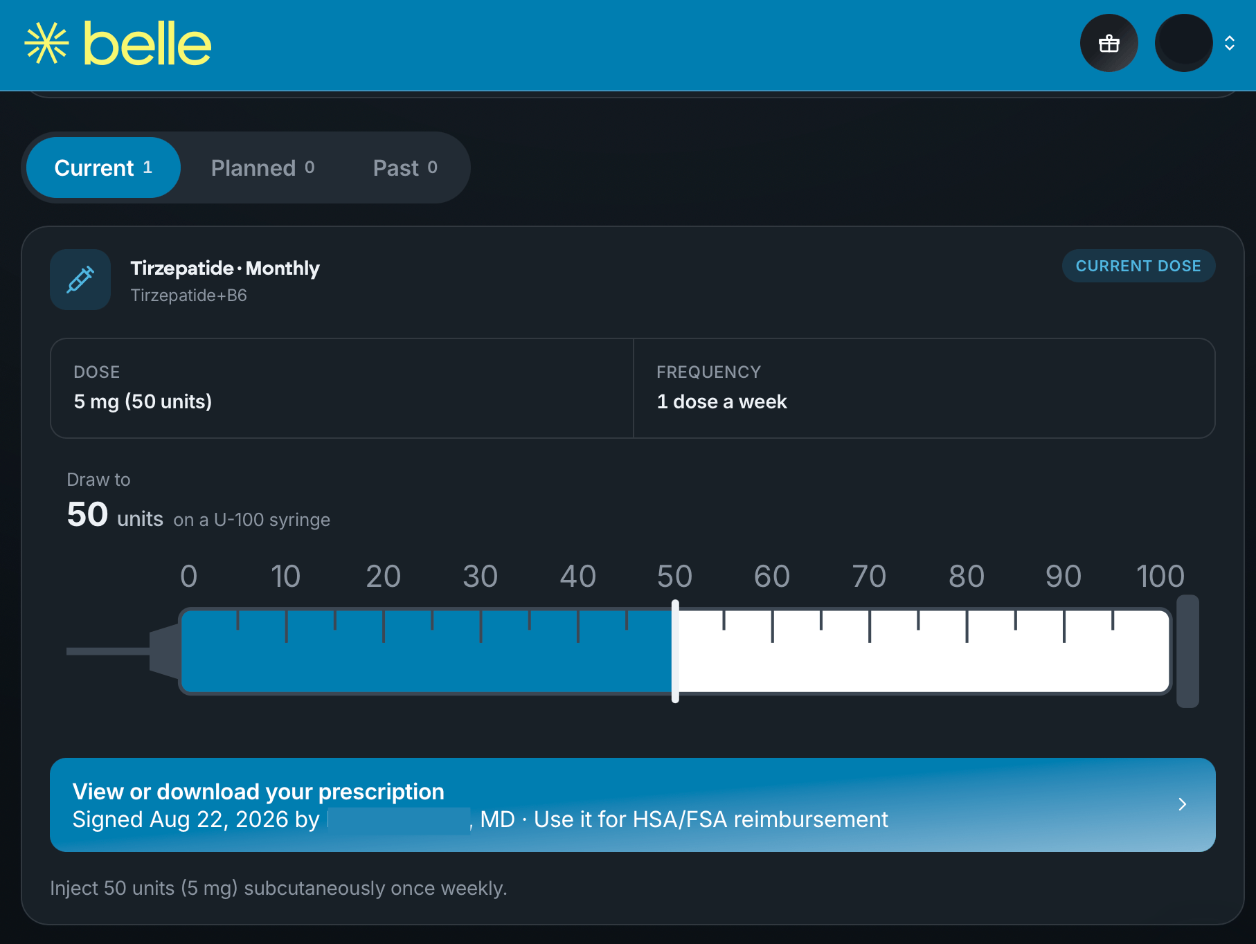 Belle portal Treatments screen showing 5 mg (50 units) weekly tirzepatide dose, U-100 syringe diagram, and prescription download