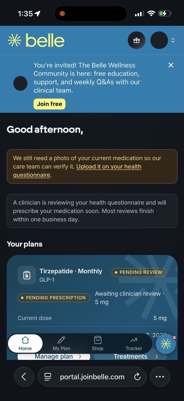 Belle patient portal on mobile showing clinician review pending and a request to upload a photo of current medication