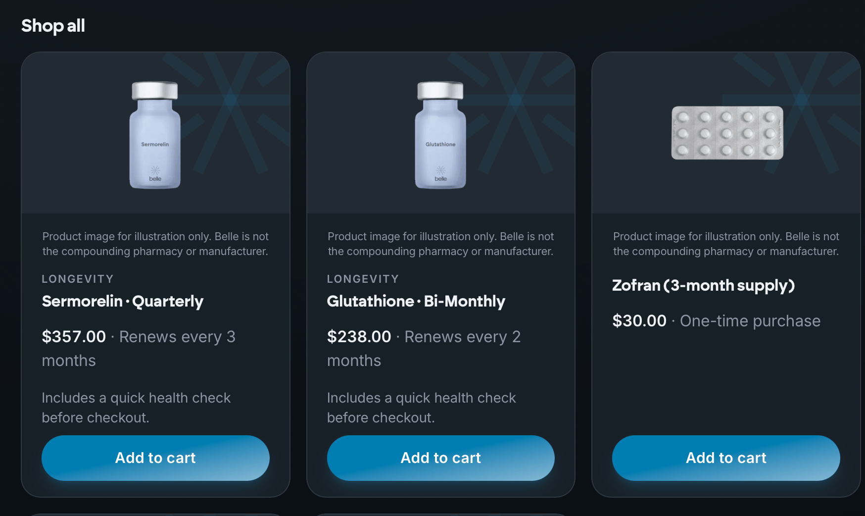 Belle portal shop showing Sermorelin at $357 quarterly, Glutathione at $238 bi-monthly, and Zofran at $30 one-time