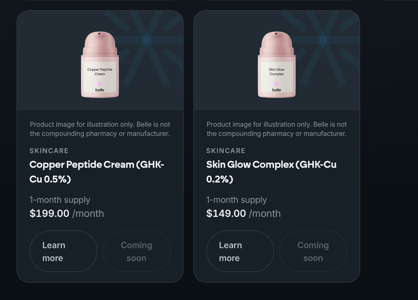 Belle shop skincare items listed as coming soon: Copper Peptide Cream GHK-Cu 0.5% at $199 and Skin Glow Complex at $149 a month