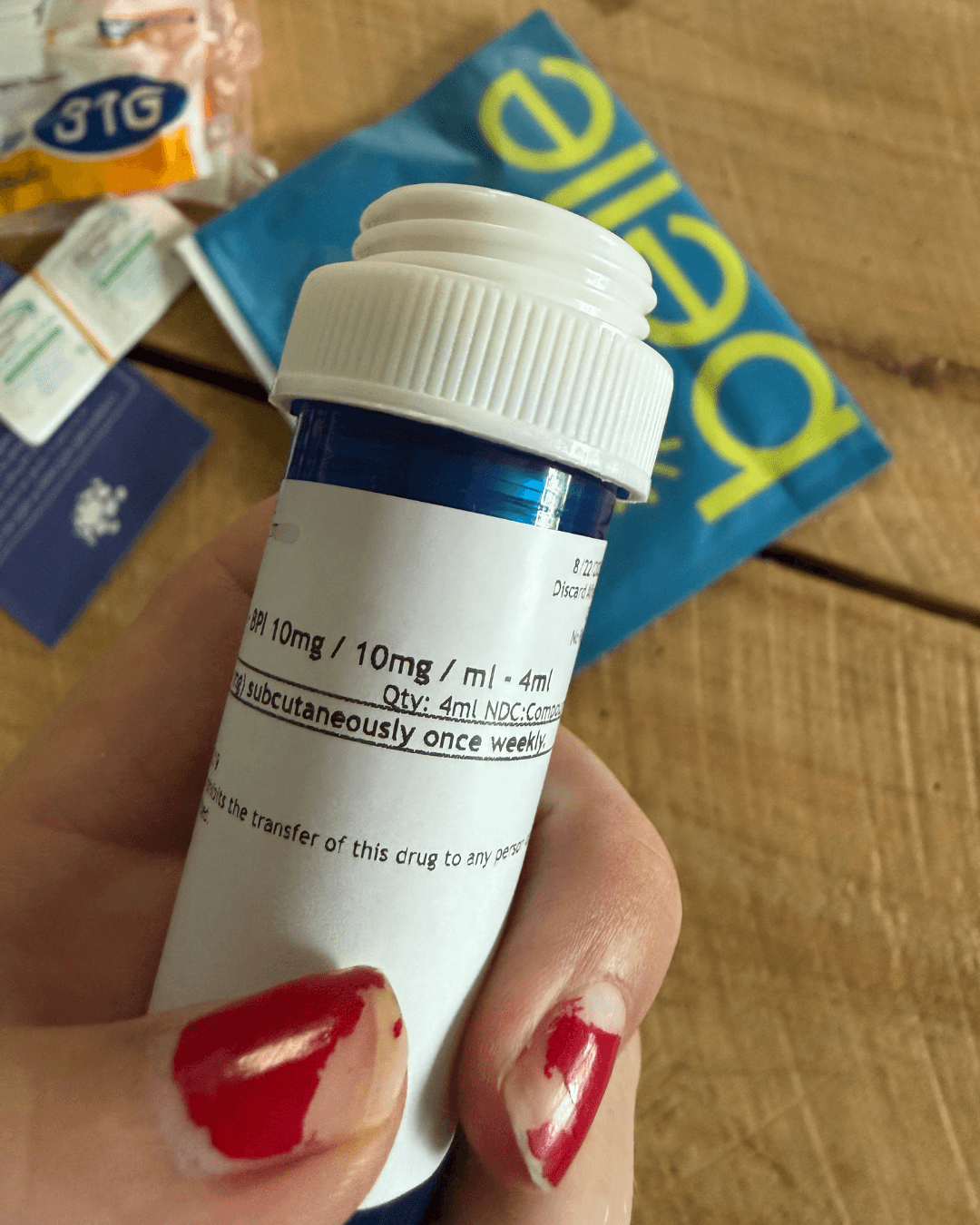 Pharmacy label reading Tirzepatide+B6 BPI 10mg/ml 4ml with directions to inject 50 units (5 mg) subcutaneously once weekly