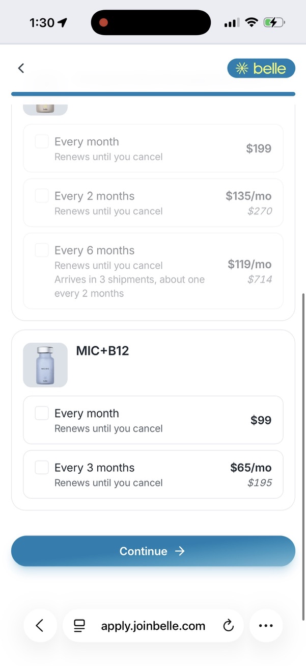 Belle intake pricing for compounded semaglutide at $199, $135, and $119 a month and MIC+B12 at $99 or $65 a month