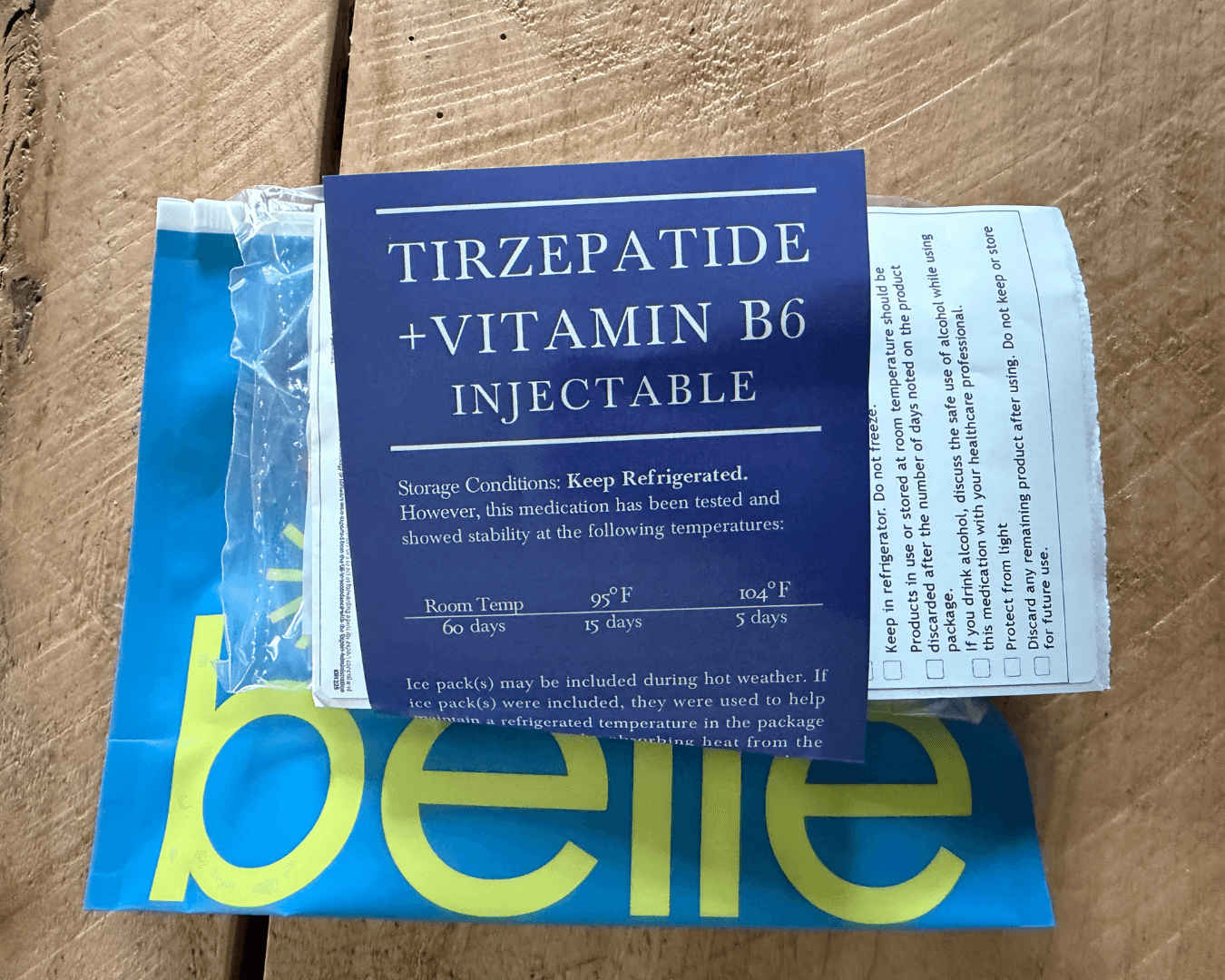 Tirzepatide + Vitamin B6 Injectable storage card from The Pharmacy Hub listing room temperature and heat stability plus a use checklist