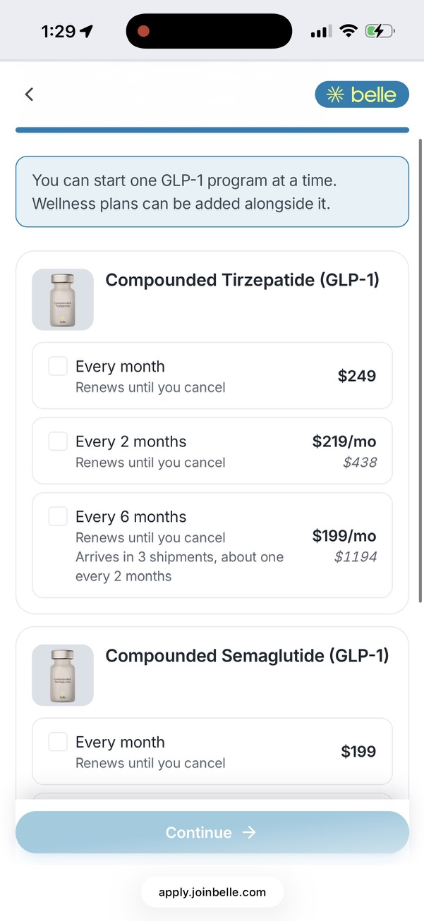 Belle compounded tirzepatide plan pricing: $249 every month, $219 a month for two months, $199 a month for six months