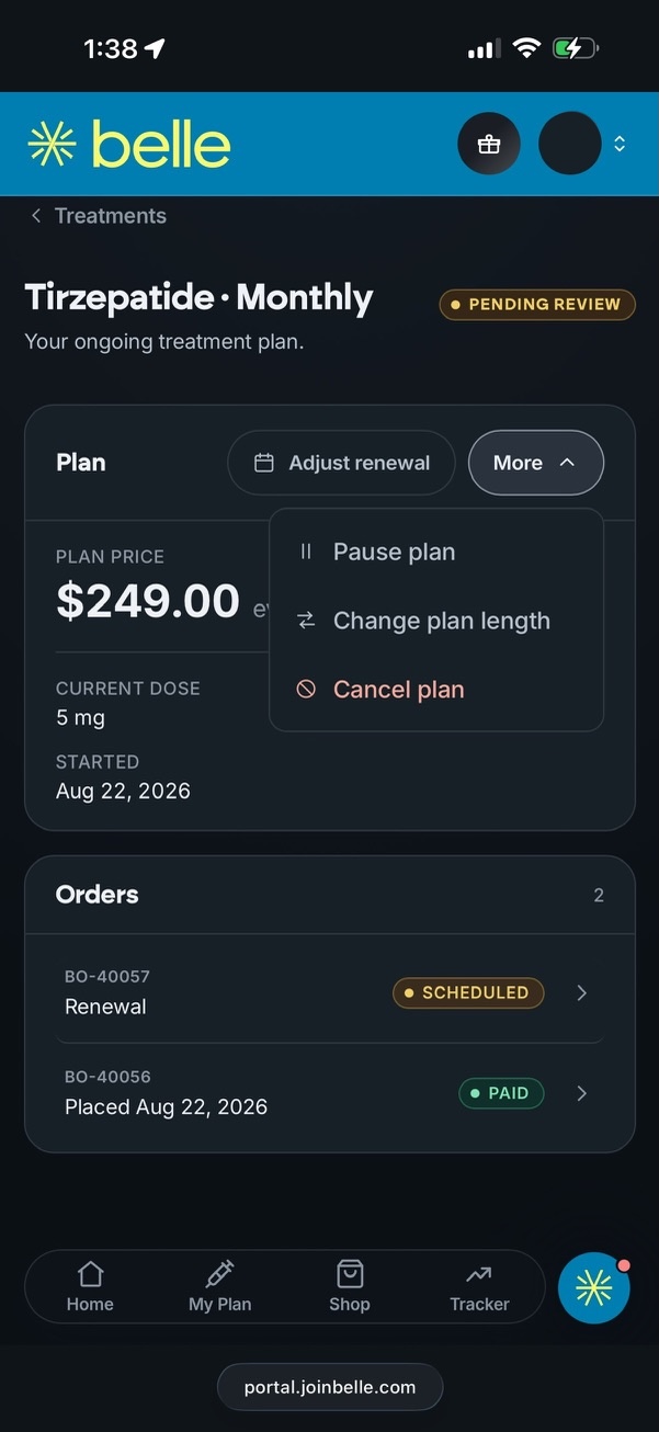 Belle Treatments page on mobile with $249 plan, two order lines (paid and scheduled), and Pause, Change, Cancel plan menu