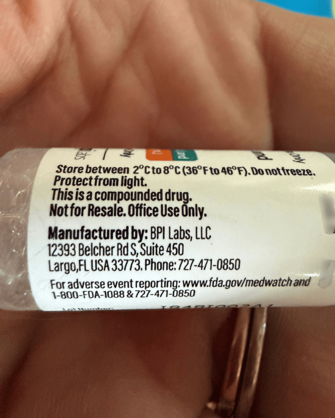 Back of a BPI Labs compounded tirzepatide vial: store 36 to 46 F, do not freeze, protect from light, Largo, Florida address