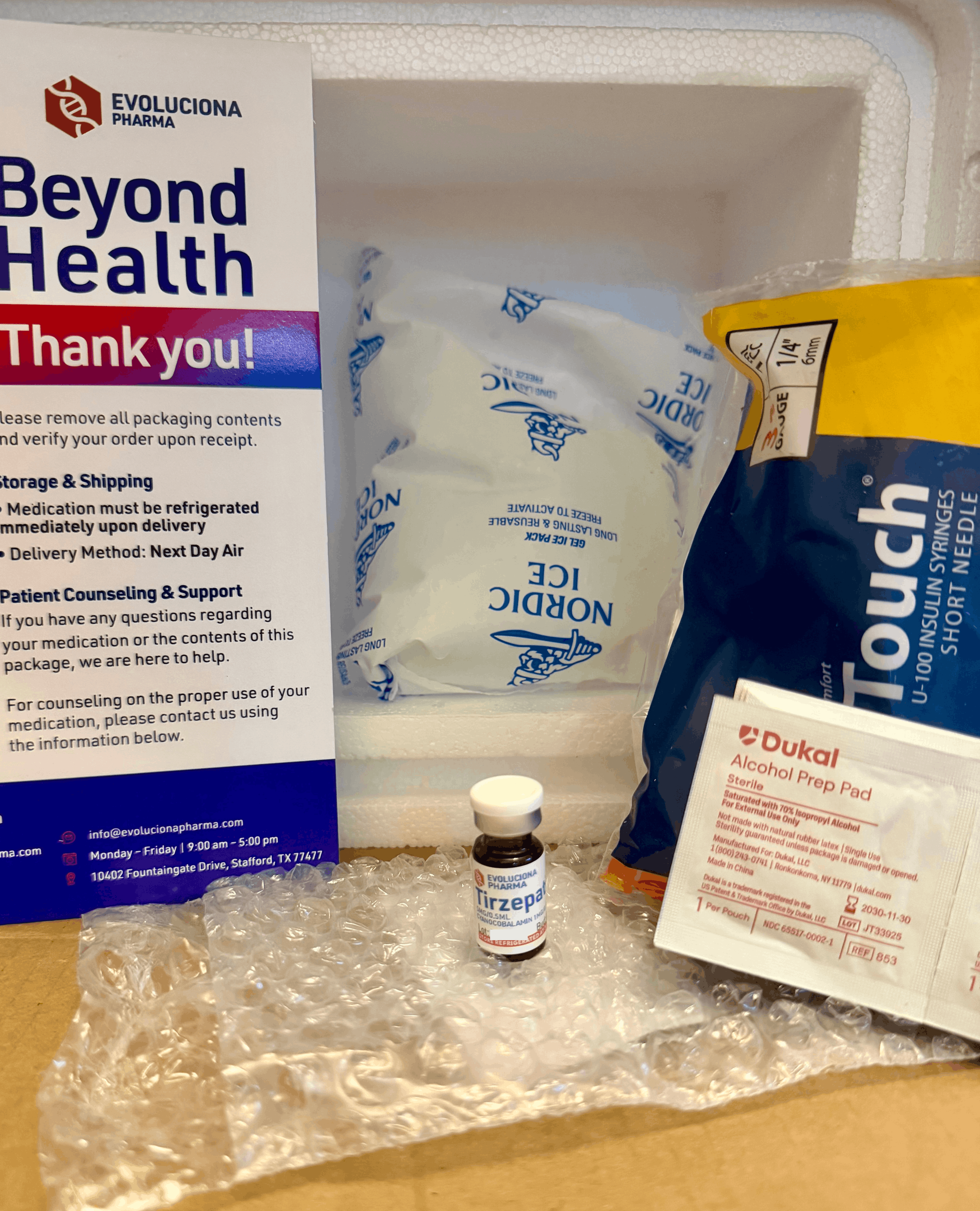 Reverse of the Goby Meds vial label reading compounded by Evoluciona Pharma with a 28-day discard after first puncture instruction