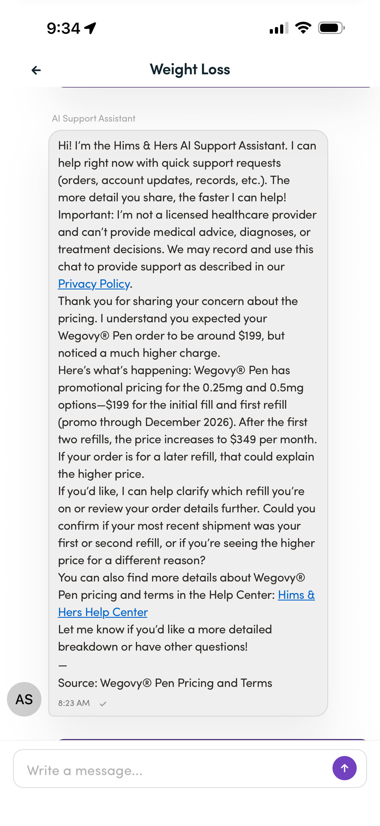 First Hers AI support reply saying pricing can vary by timing, promotions, and plan selected at checkout