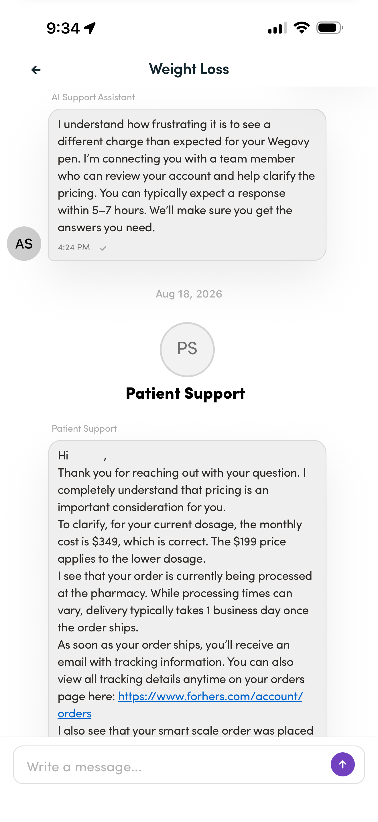 Third Hers AI support reply attributing the price change to dose and refill count rather than the provider recommendation