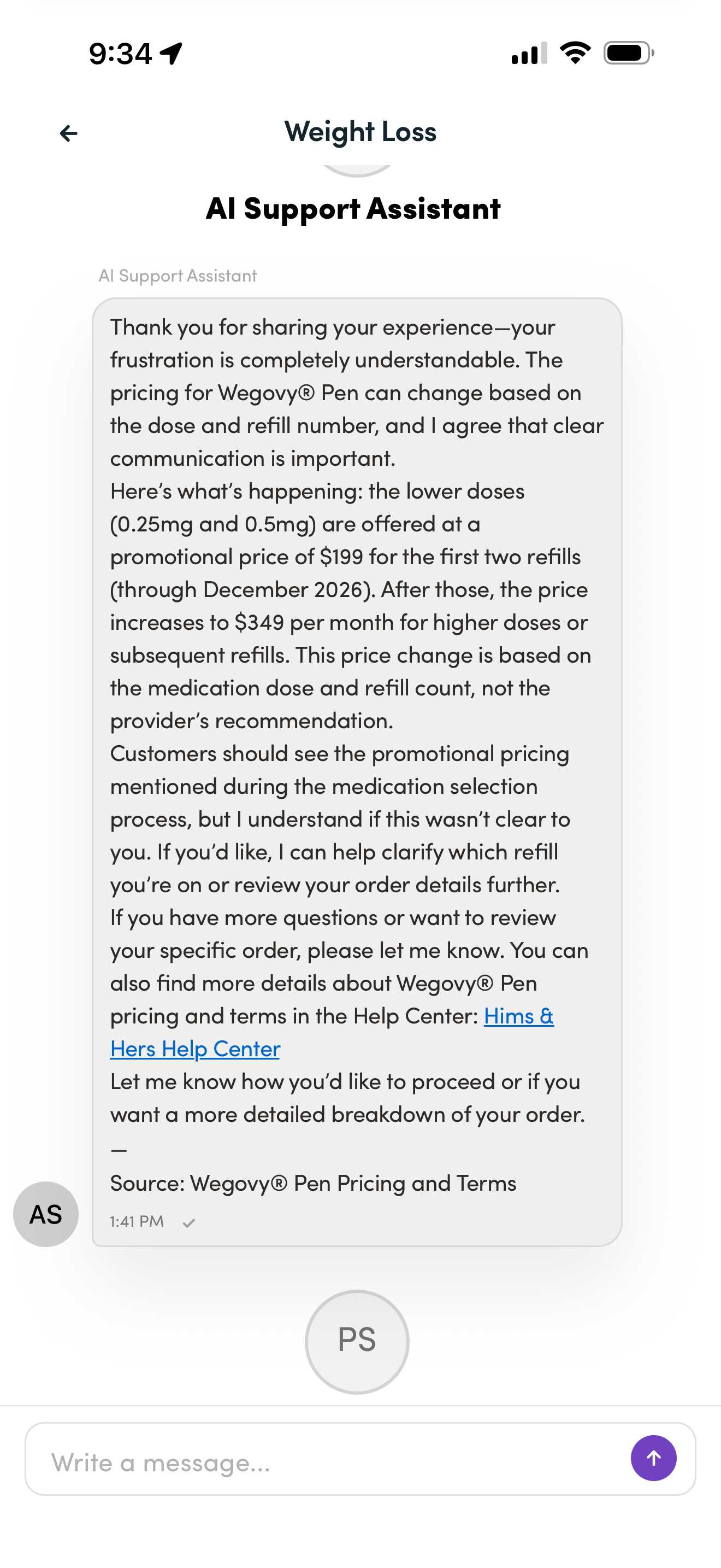 Second Hers AI support reply explaining the $199 promotion covers 0.25 mg and 0.5 mg for the initial fill and first refill