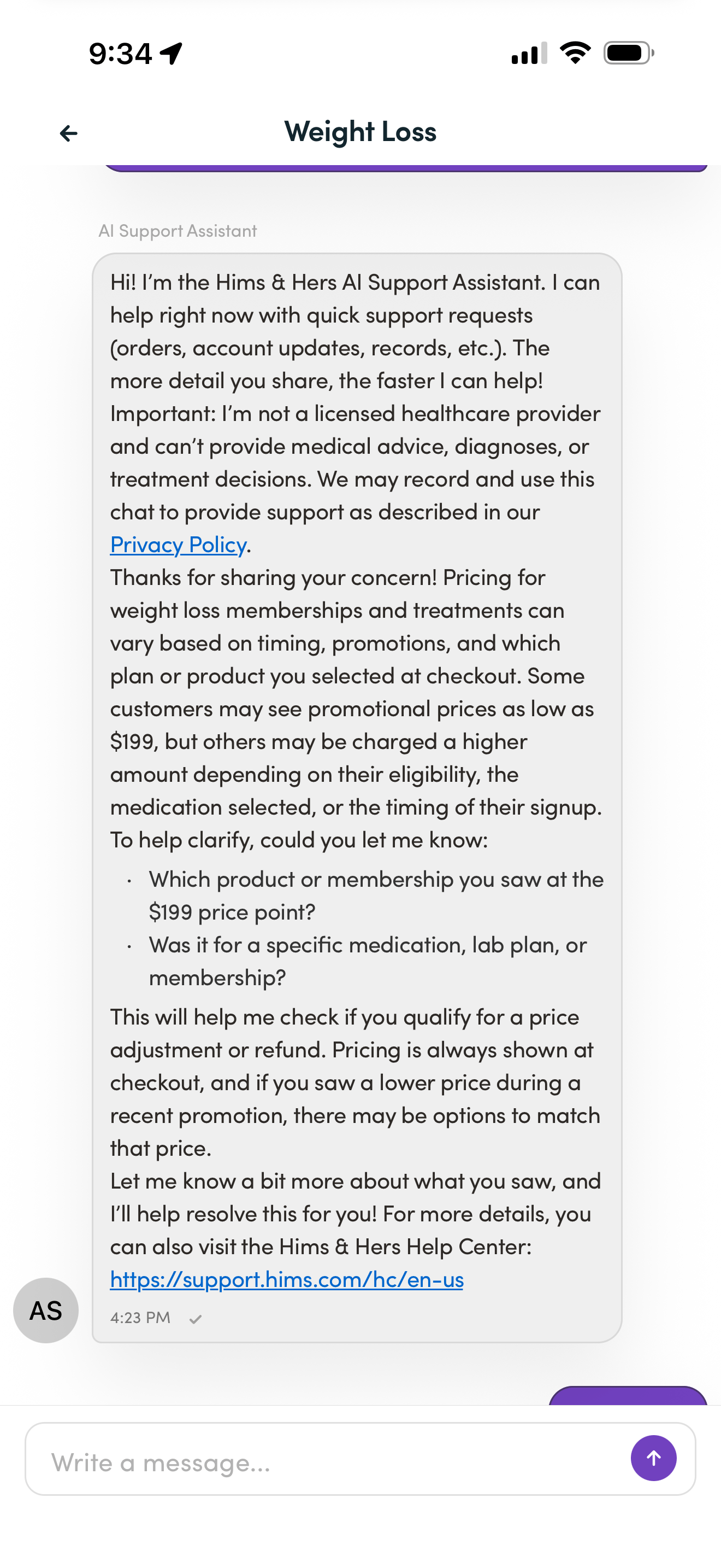 Hers AI Support Assistant opening reply disclaiming that it is not a licensed healthcare provider