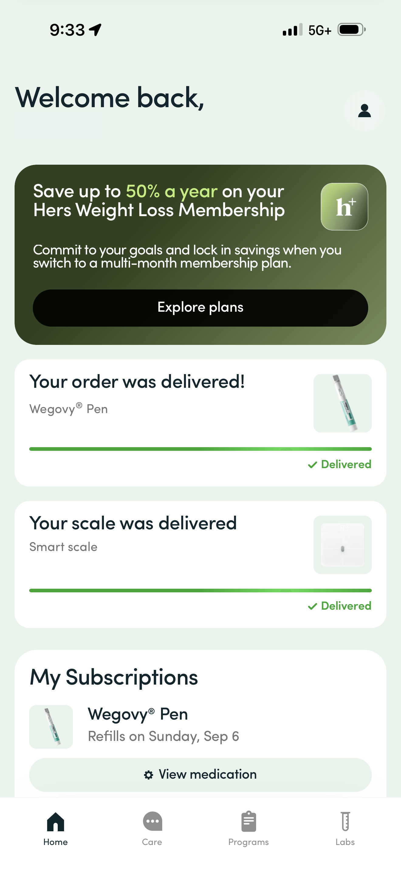 Hers app home screen showing the weight loss plan, smart scale sync, and Wegovy pen order status
