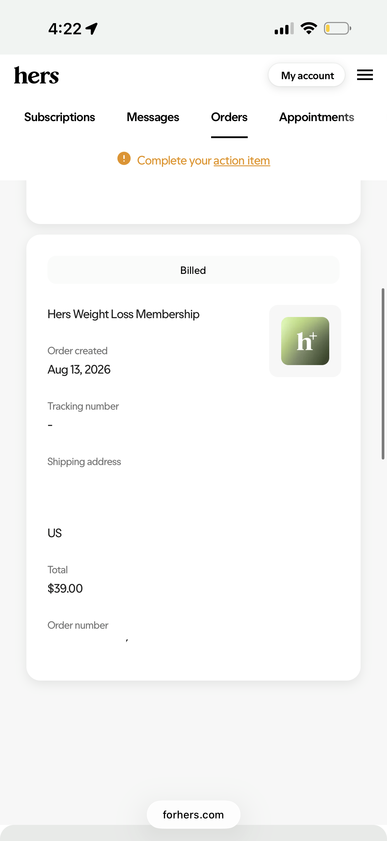 Hers orders page reading preparing your shipment with no tracking number three days after the order was created