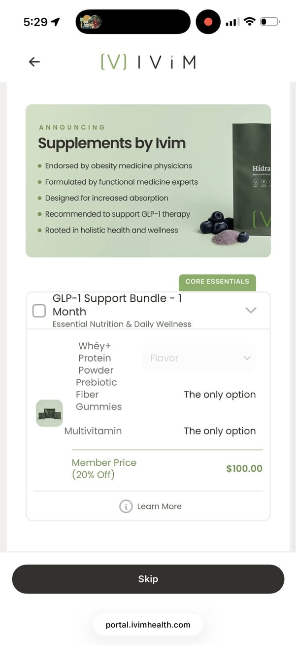 Ivim Health supplements page offering a GLP-1 Support Bundle of protein powder, fiber gummies and a multivitamin at a $100 member price