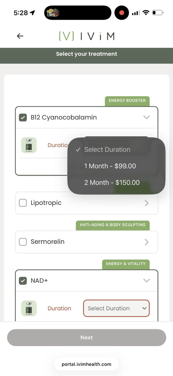 Ivim Health add-on screen with NAD plus at $129 for 1 month or $149 for 2, and a note that lipotropic replaced B12 because both contain B12