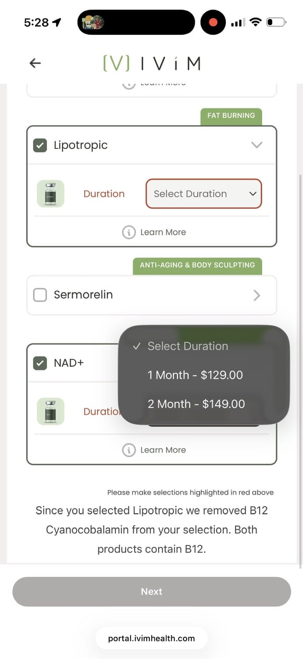 Ivim Health add-on screen with NAD plus at $129 for 1 month or $149 for 2, and a note that lipotropic replaced B12 because both contain B12