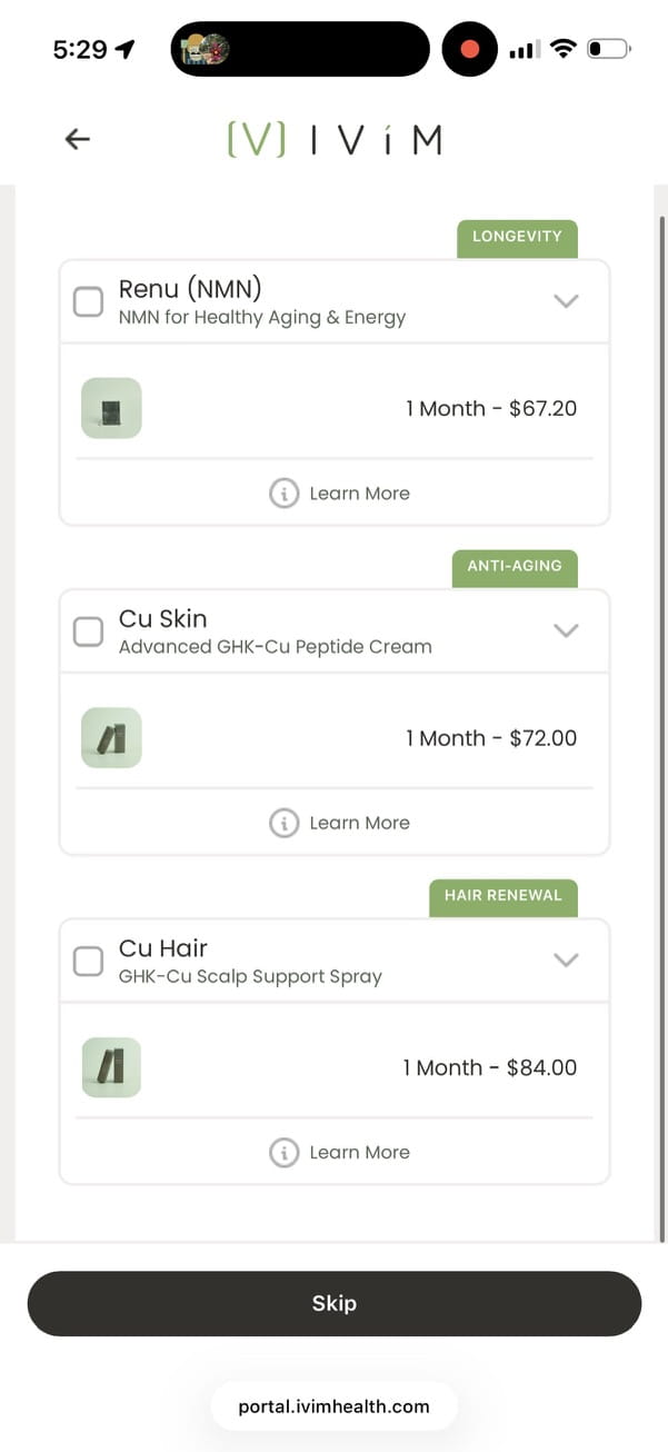 Ivim Health add-on page listing NMN at $67.20, a GHK-Cu peptide skin cream at $72 and a GHK-Cu scalp spray at $84 a month
