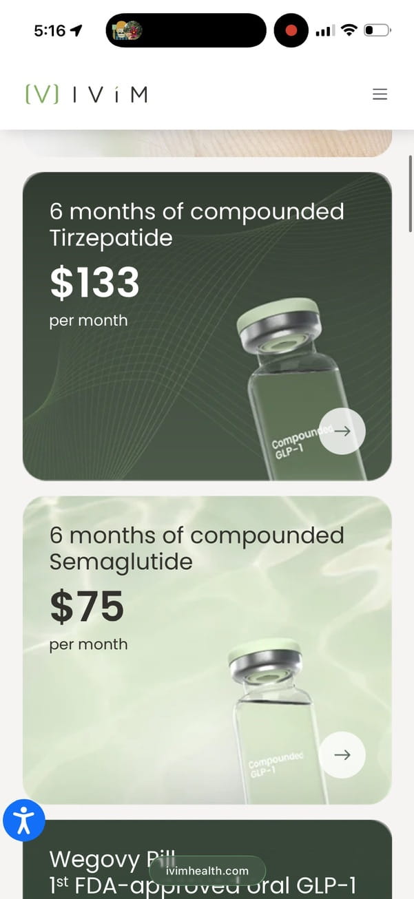 Ivim Health homepage price cards: 6 months of compounded tirzepatide at $133 a month and compounded semaglutide at $75 a month