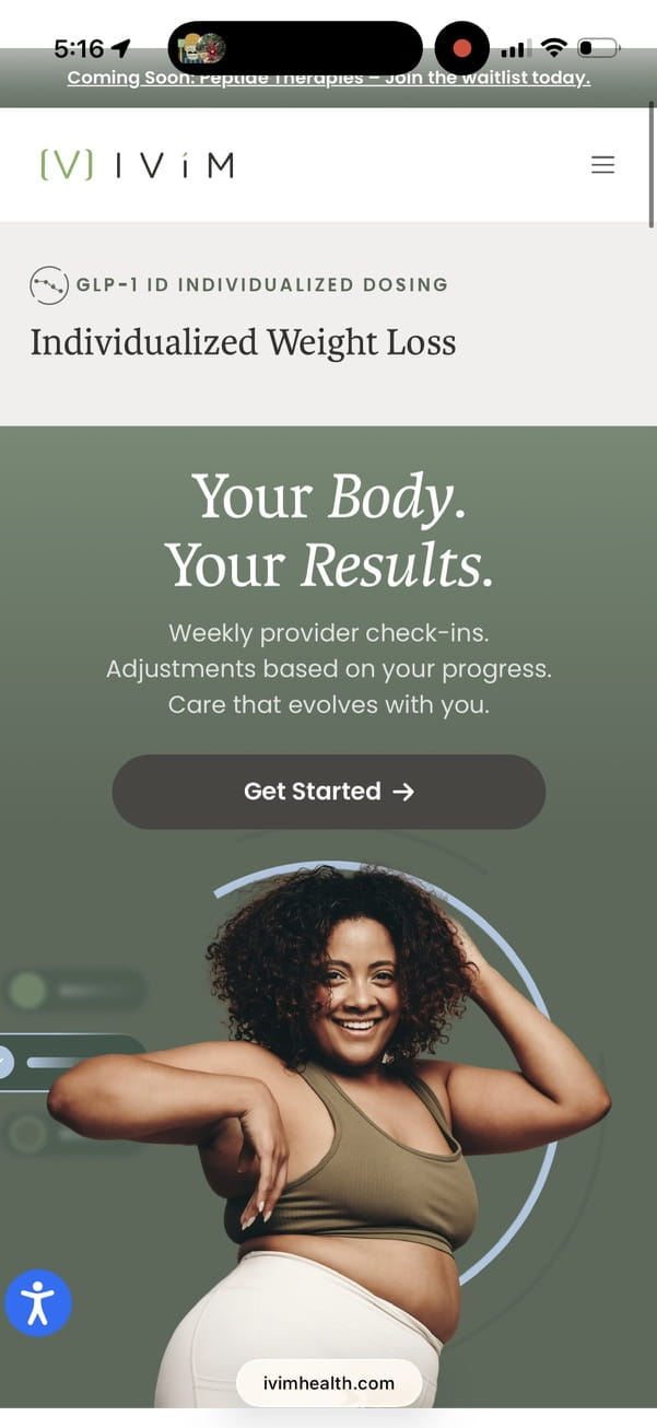 Ivim Health homepage headed Individualized Weight Loss with a Your Body, Your Results banner, weekly provider check-ins and a peptide waitlist bar