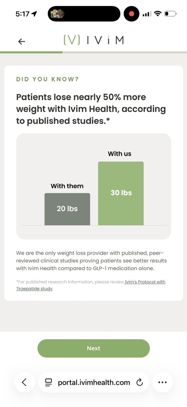 Ivim Health intake screen claiming patients lose nearly 50% more weight, with a bar chart of 20 lbs with them versus 30 lbs with us