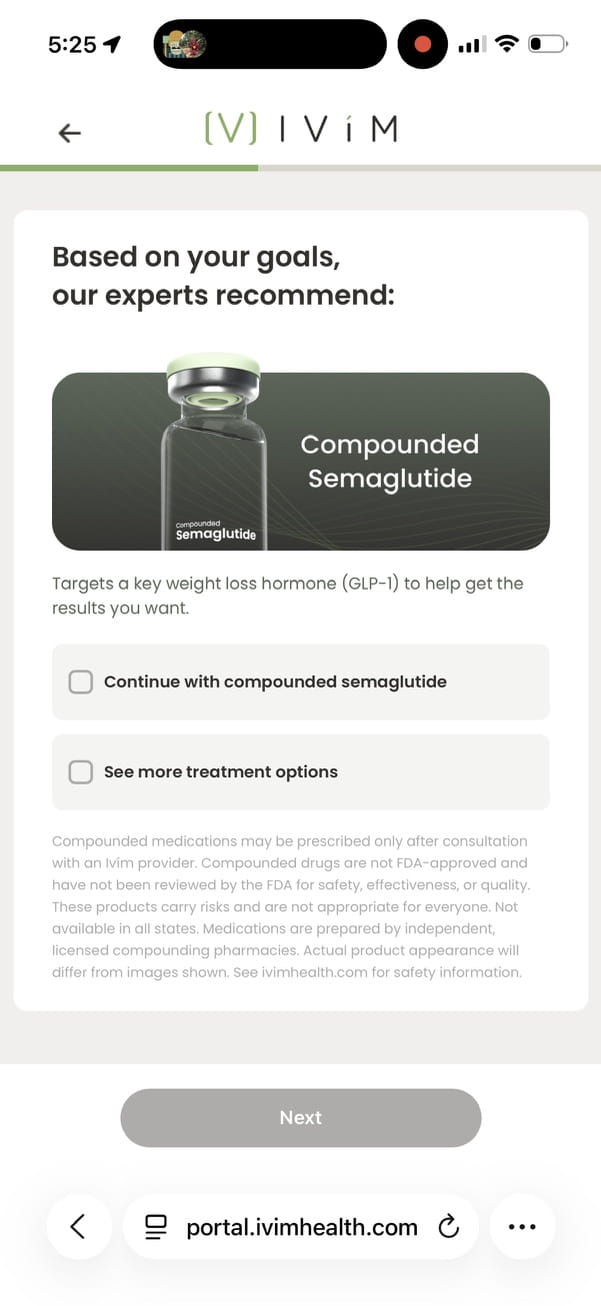 Ivim Health intake recommending compounded semaglutide with a See more treatment options button and a compounded-drug disclaimer