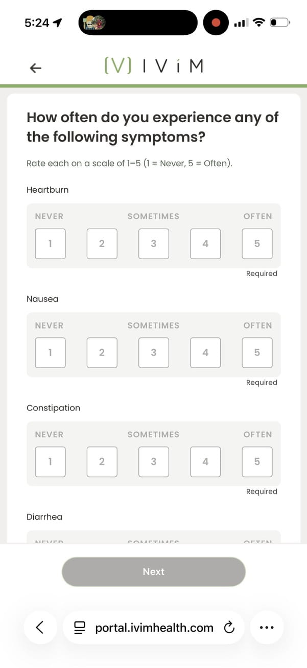 Ivim Health intake asking how often you experience heartburn, nausea, constipation and diarrhea on a 1 to 5 scale