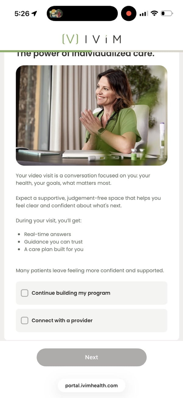 Ivim Health intake screen describing the video visit, with options to continue building my program or connect with a provider