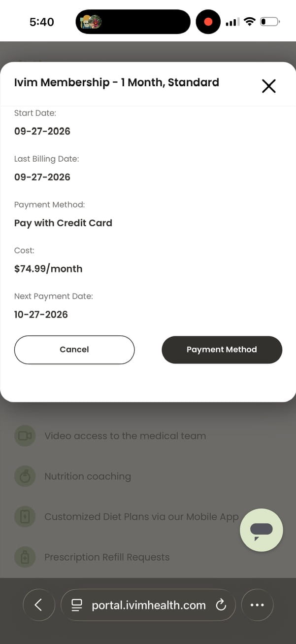 Ivim Health membership card showing $74.99 a month, a next payment date of October 27, 2026, and a Cancel button beside Payment Method