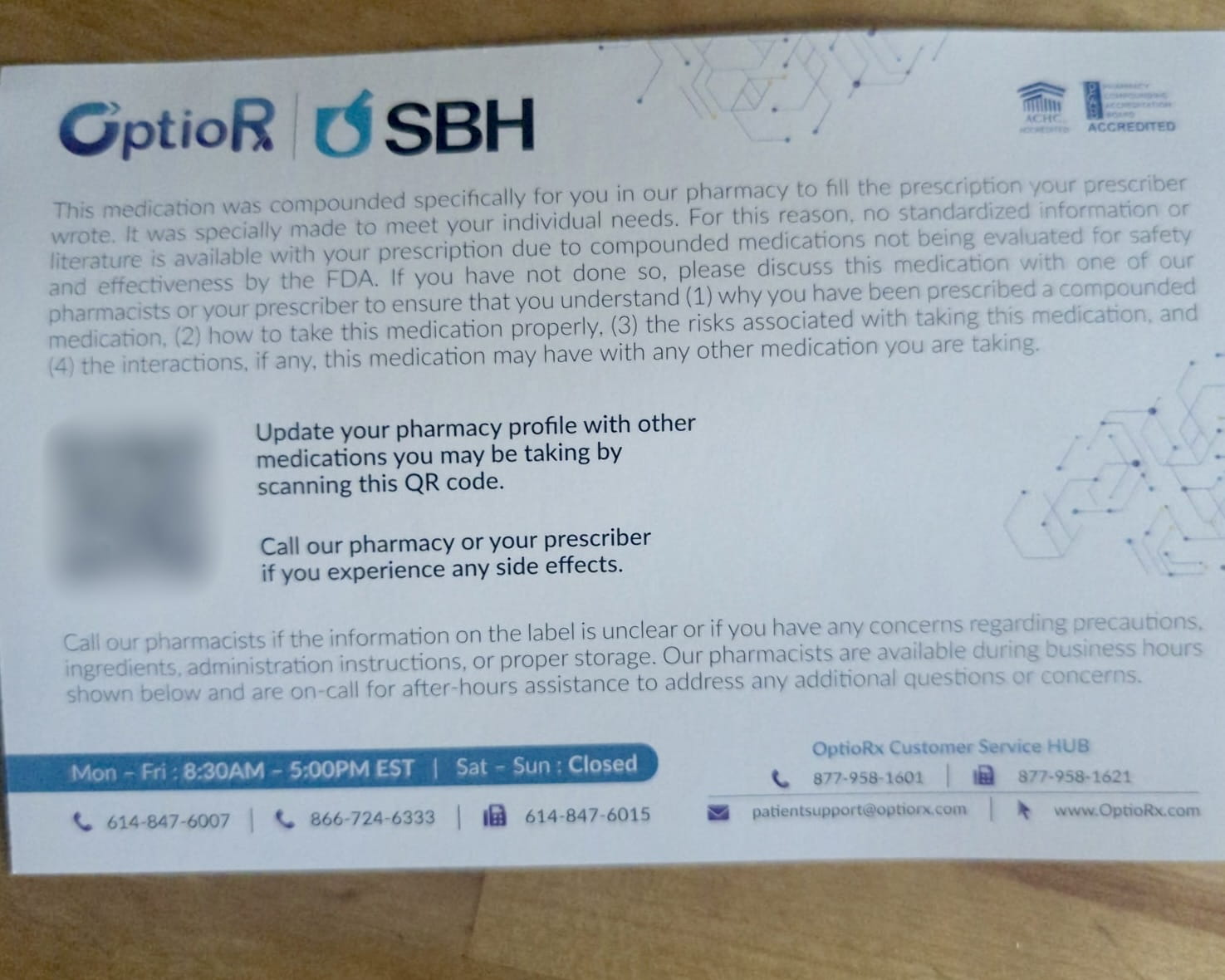 OptioRx and SBH Medical pharmacy card from the Ivim Health box with ACHC and PCAB seals, pharmacist hours and phone numbers