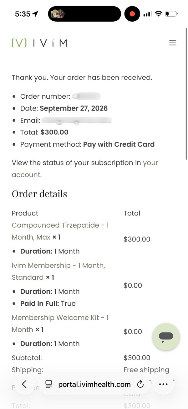 Ivim Health order confirmation dated September 27, 2026 for $300 of compounded tirzepatide with the membership and welcome kit at $0