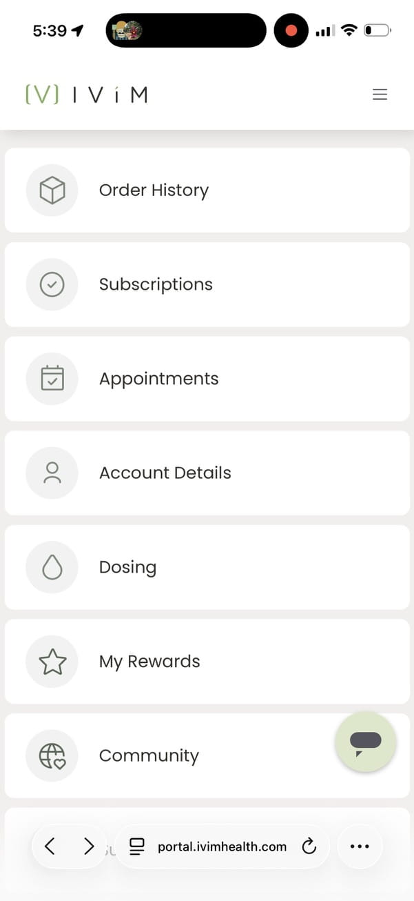 Ivim Health portal menu listing Order History, Subscriptions, Appointments, Account Details, Dosing, My Rewards and Community