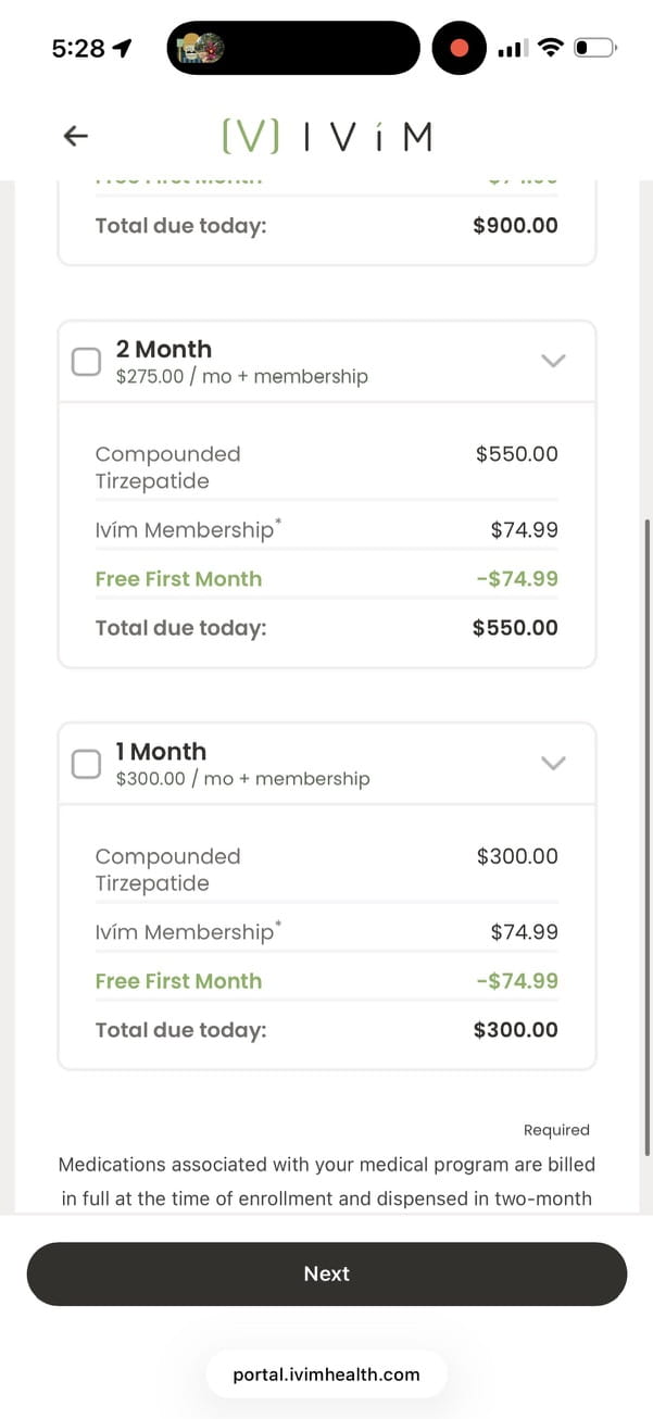 Ivim Health 1-month plan at $300 due today, with fine print that medications are billed in full at enrollment