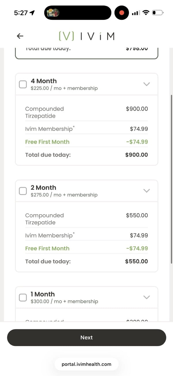 Ivim Health package options showing 4 months at $900, 2 months at $550 and 1 month at $300, each with a $74.99 membership and a free first month
