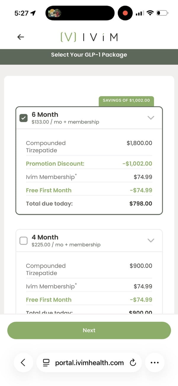 Ivim Health package screen with the 6-month plan preselected at $798 due today after a $1,002 promotion discount, and the 4-month plan at $900