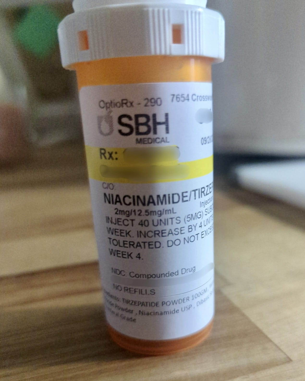 Ivim Health pharmacy bottle labeled OptioRx 290, SBH Medical, Niacinamide Tirzepatide 2 mg per 12.5 mg per mL, 40 units weekly, no refills