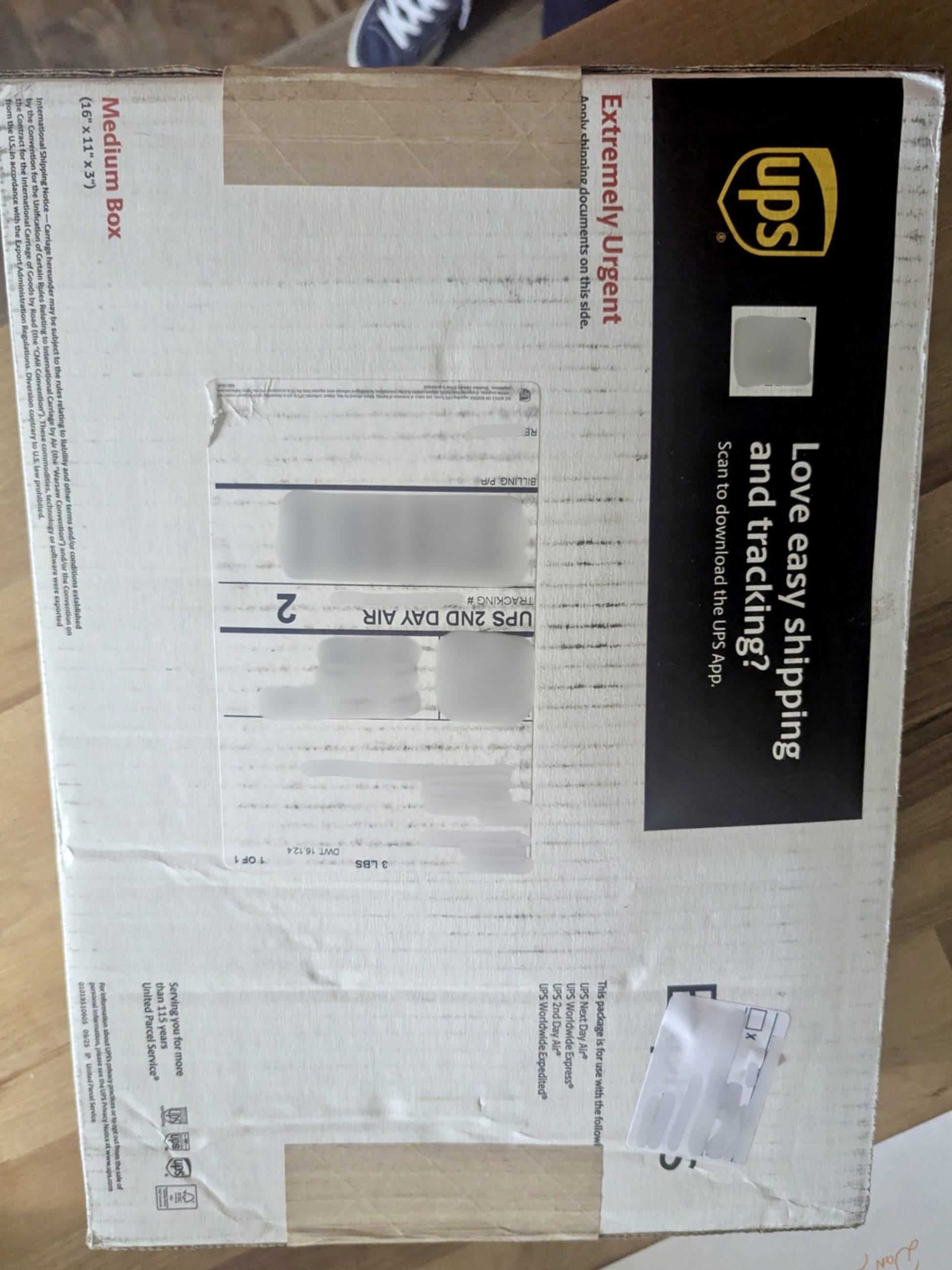 Ivim Health shipment in a white UPS medium box marked Extremely Urgent, with a UPS 2nd Day Air label and the address blurred