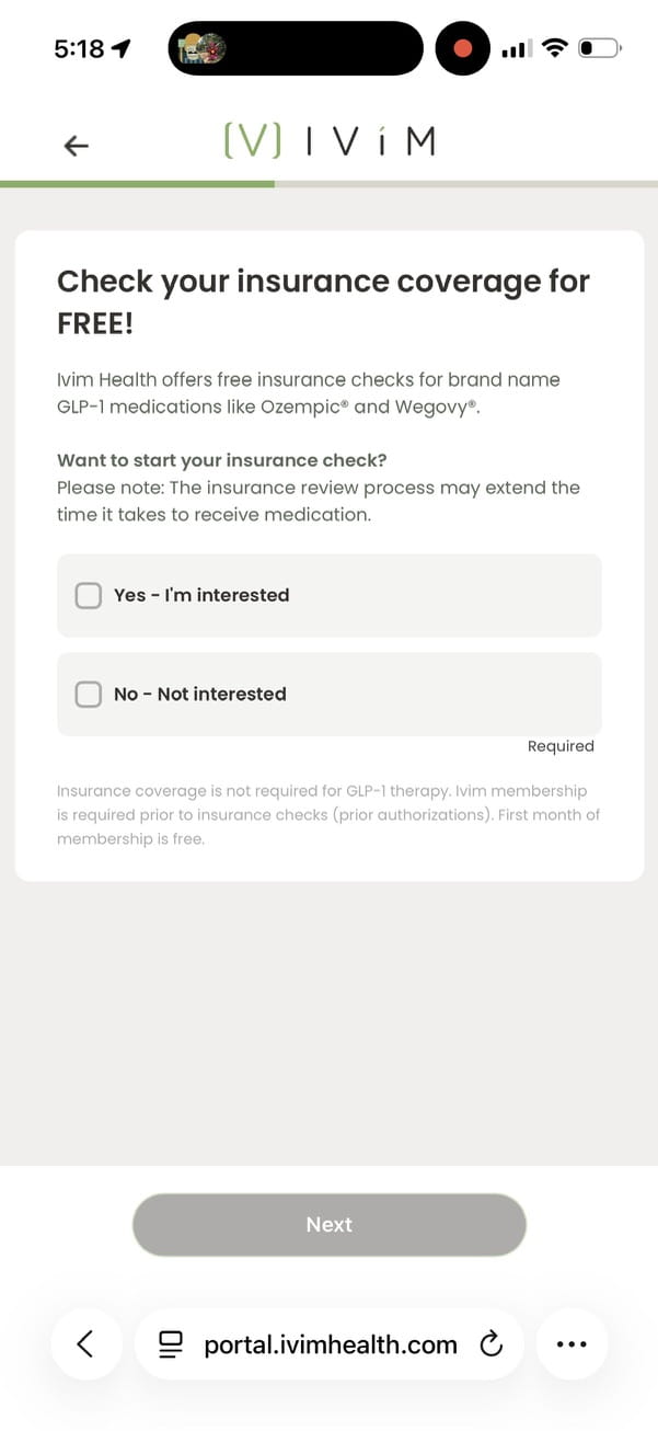 Ivim Health intake offering a free insurance check for brand-name GLP-1s, with fine print that membership is required first